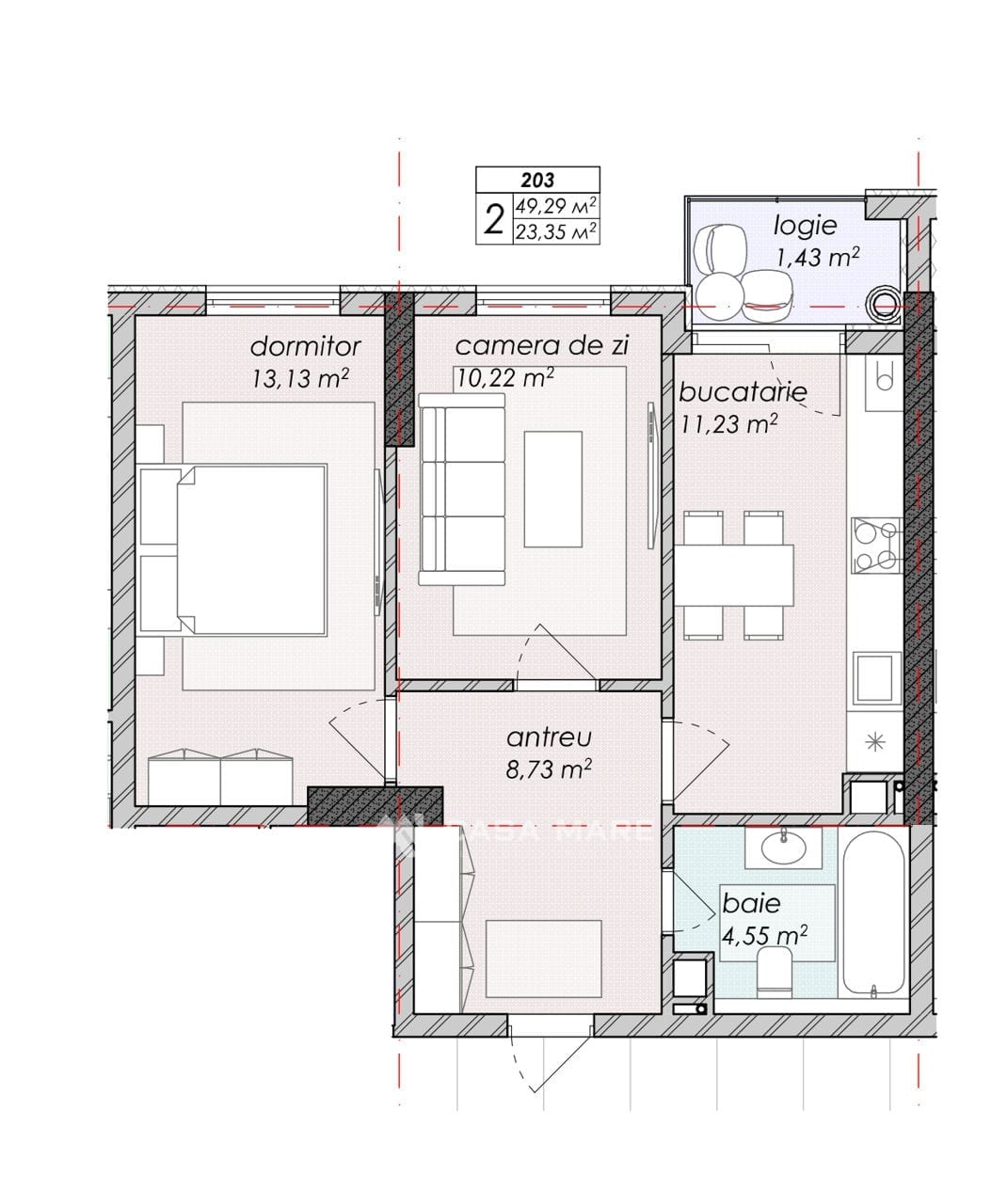 2-комнатная квартира, 49 м², Дурлешты 2