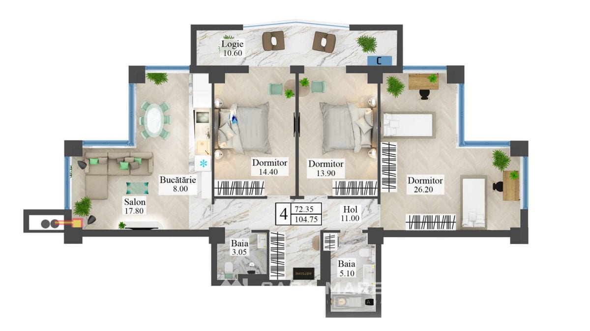 3-комнатная квартира, 105 м², Ботаника, Кишинёв 2