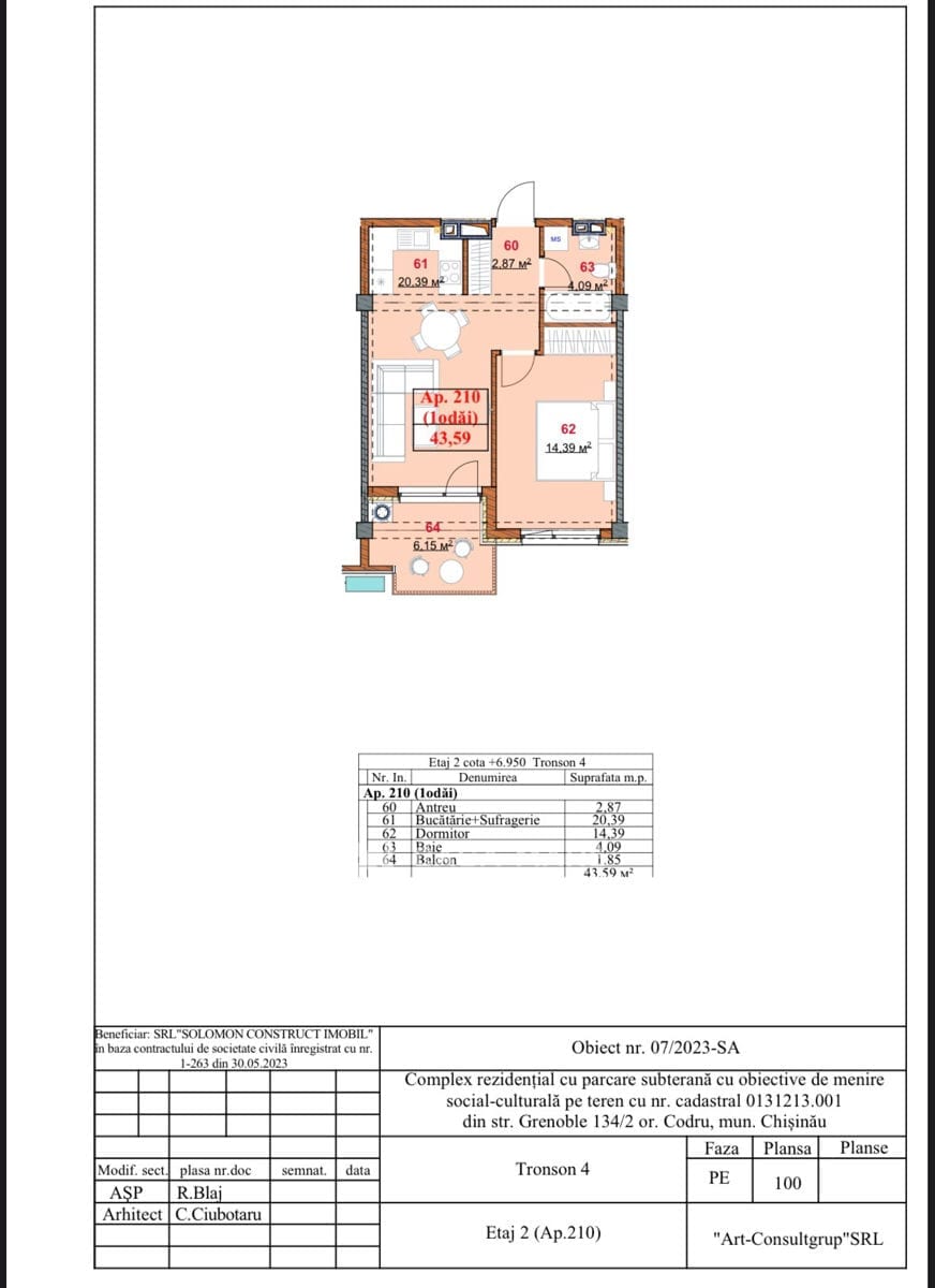 1-комнатная квартира, 44 м², Ботаника, Кишинёв 2