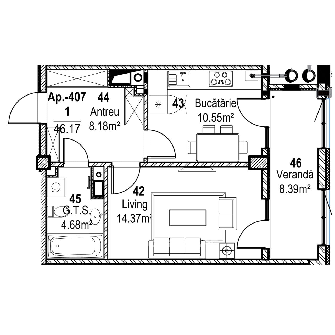 1-комнатная квартира, 46 м², Рышкановка, Кишинёв 2