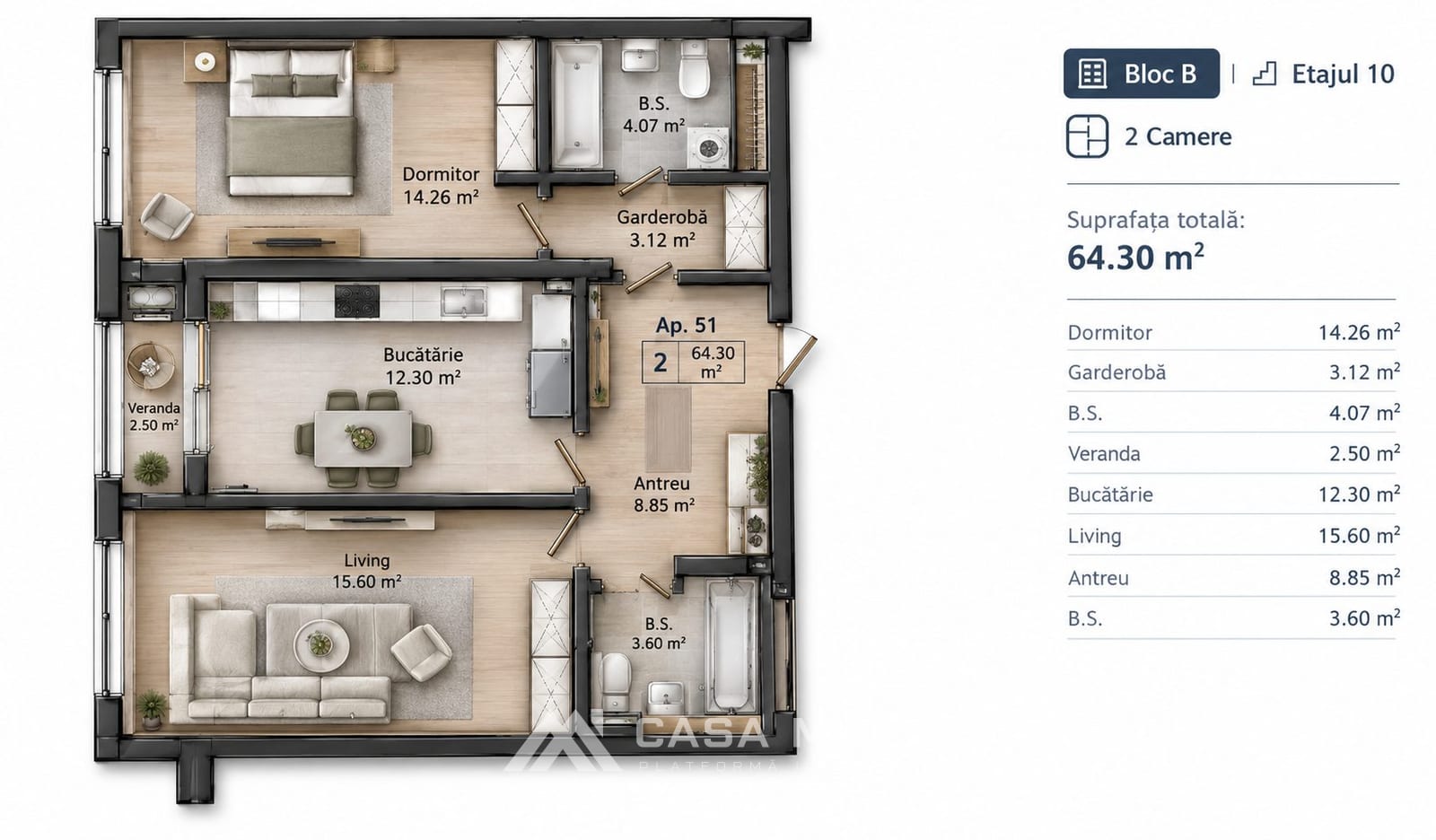 Apartament cu 2 camere, 65 m², Râșcani, Chișinău 2
