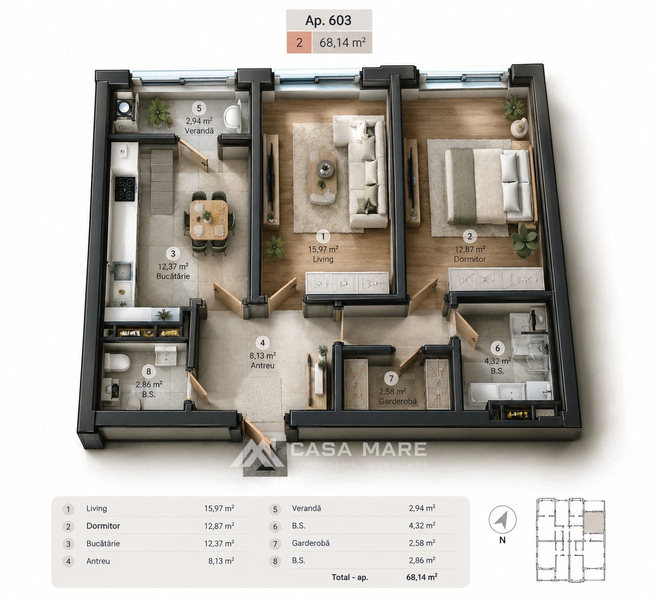 Apartament cu 2 camere, 69 m², Telecentru, Chișinău 2