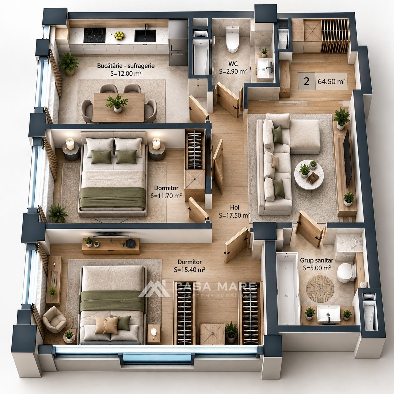 Apartament cu 2 dormitoare, 64,50 m² în Estate Sunrise 3, Telecentru, bloc nou 2