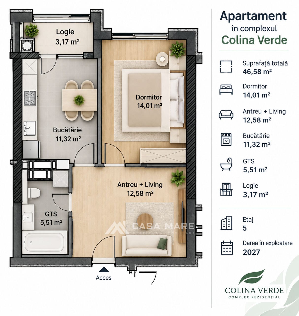 Apartament cu 1 cameră, 47 m², Durlești 2
