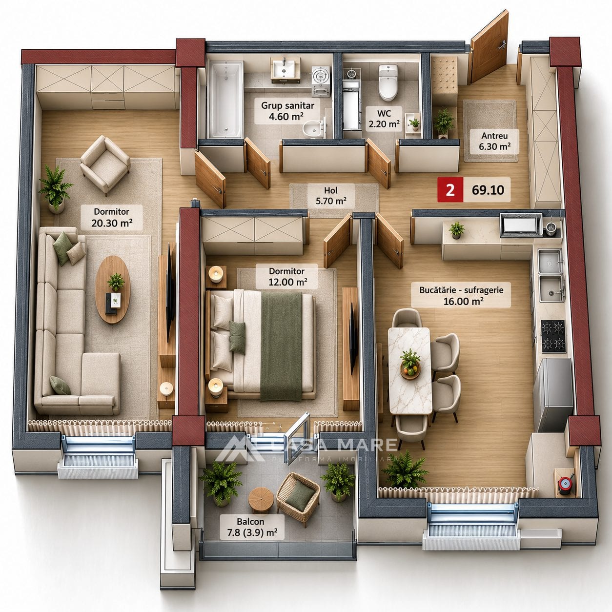 2-комнатная квартира, 69 м², Старая Почта, Кишинёв 3