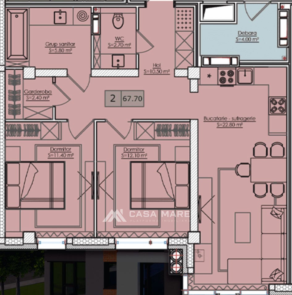2-комнатная квартира, 68 м², Телецентр, Кишинёв 2