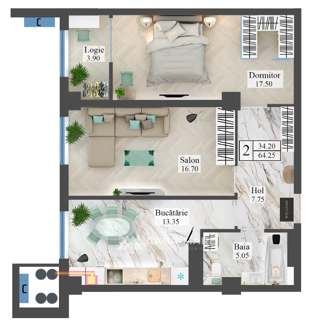 Apartament cu 2 camere, 65 m², Botanica, Chișinău 2