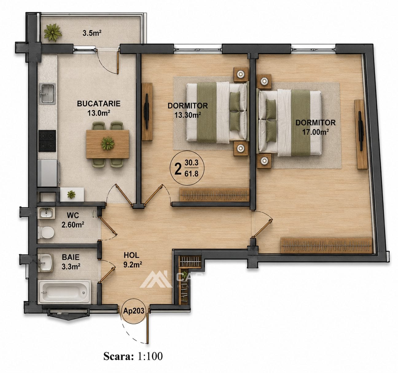 Apartament cu 2 camere, 62 m², Stăuceni 2
