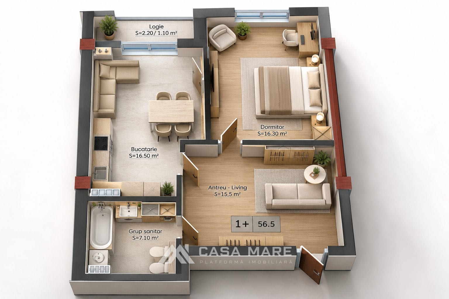 1-комнатная квартира, 57 м², Трушены 2