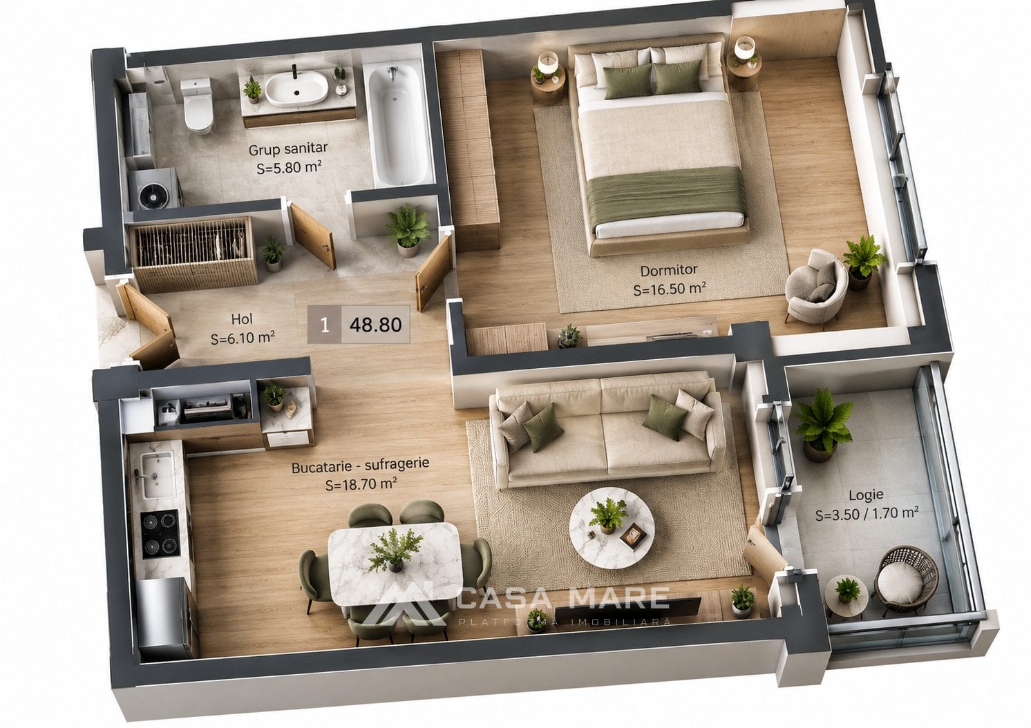 1-комнатная квартира, 49 м², Трушены 2