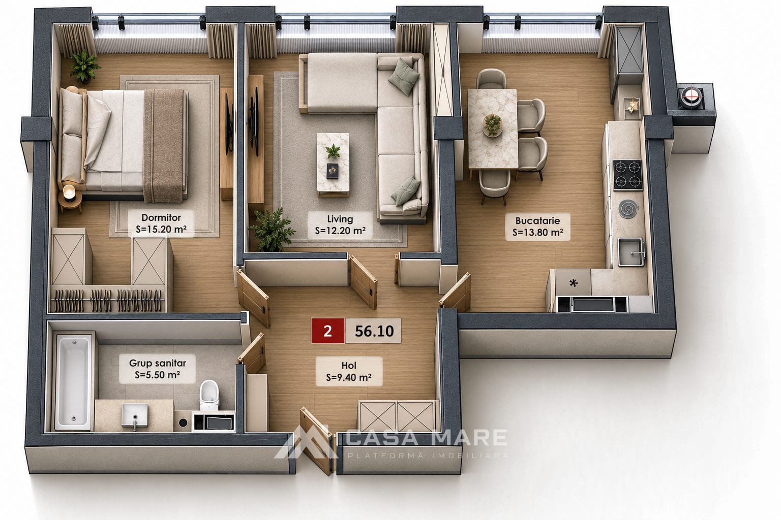 Apartament în bloc nou, 2 camere, 56,10 m², Complexul BellaVista, Dumbrava 2