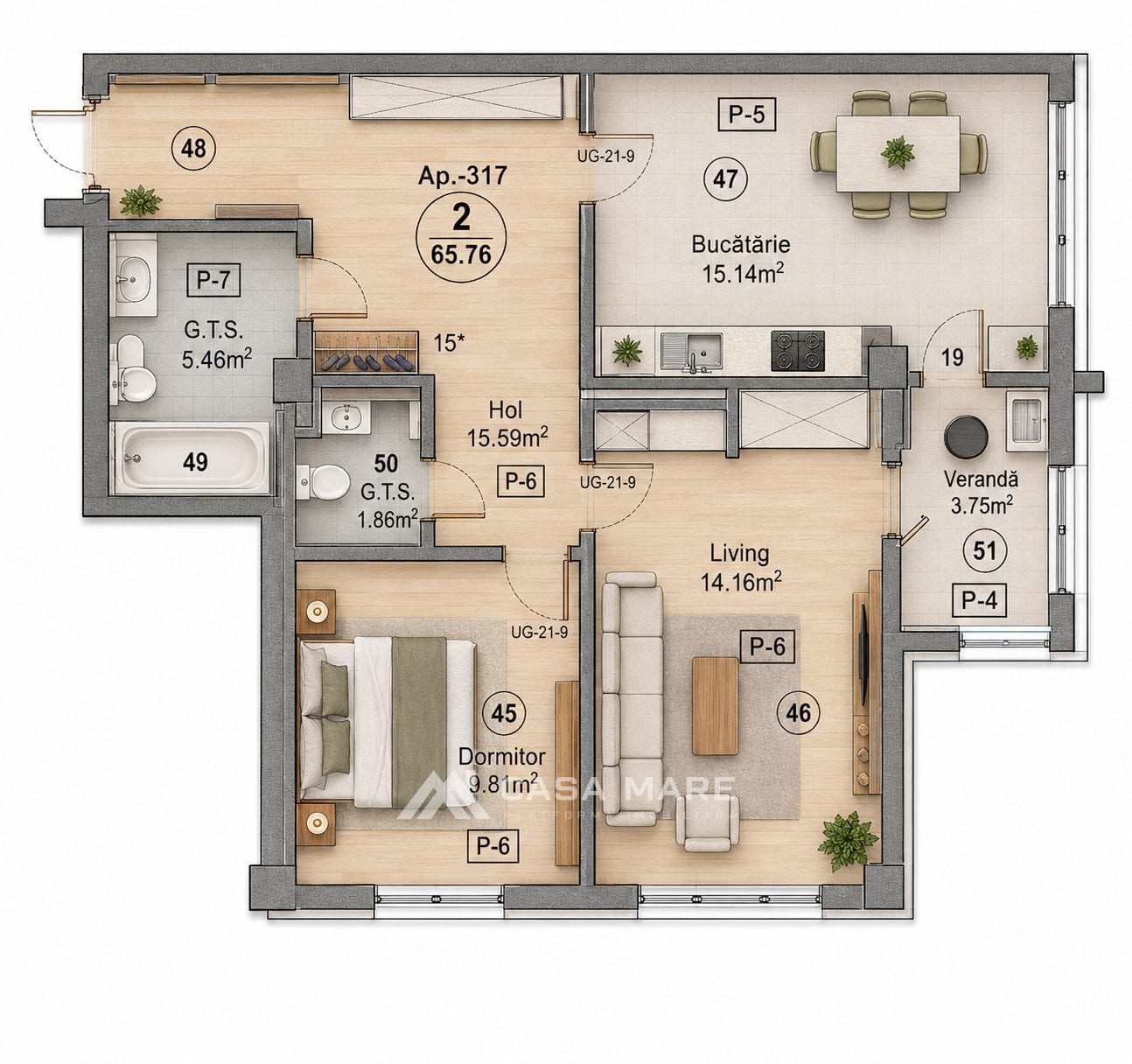 Apartament cu 2 camere, 66 m², Râșcani, Chișinău 2