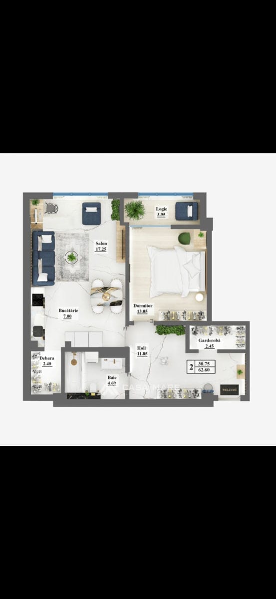 1-комнатная квартира, 62 м², Чеканы, Кишинёв 2
