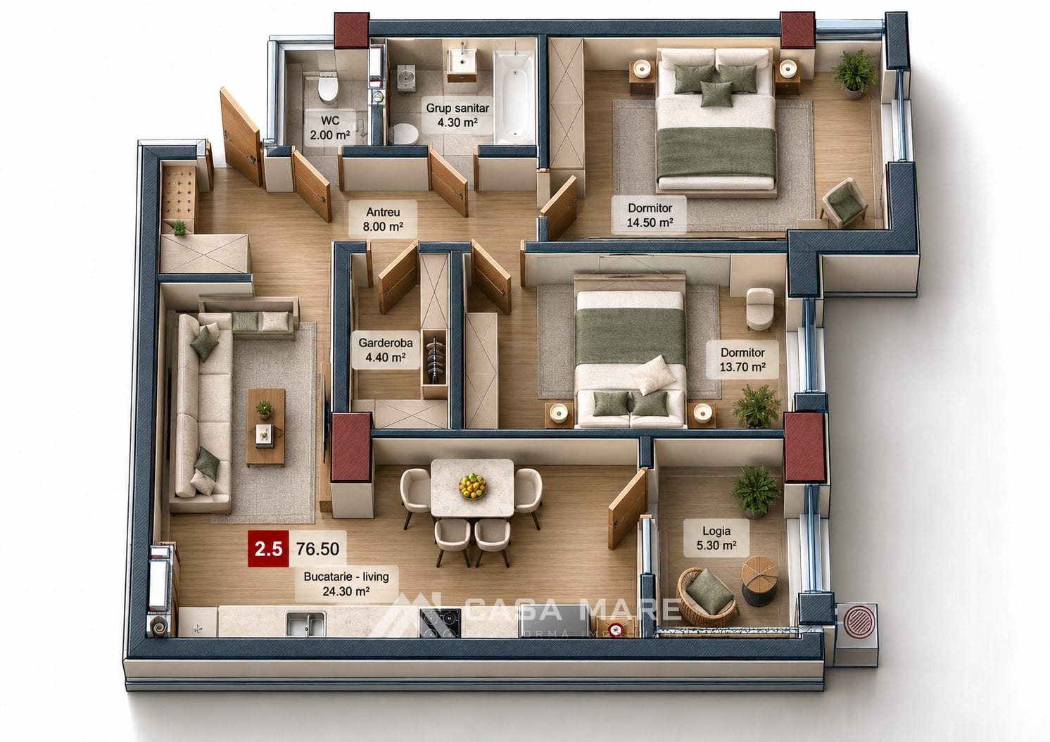 Apartament în bloc nou, cu 2 dormitoare, 76,50 m² Ciocana 3