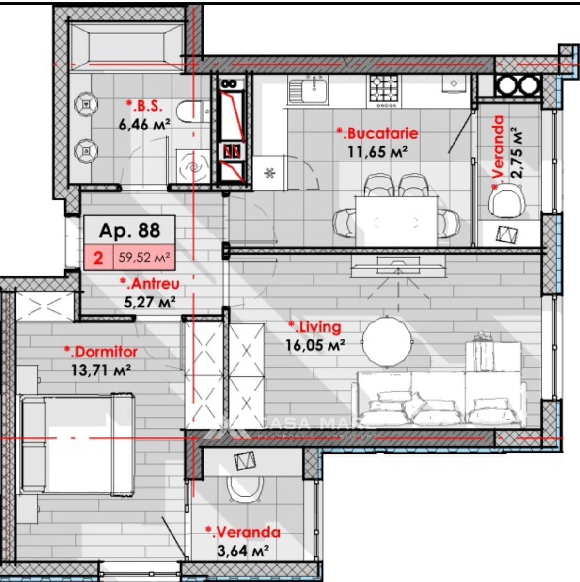 2-комнатная квартира, 60 м², Рышкановка, Кишинёв 2