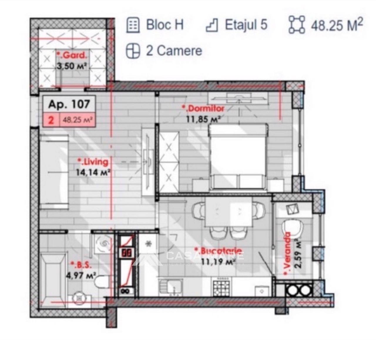 1-комнатная квартира, 48 м², Рышкановка, Кишинёв 2