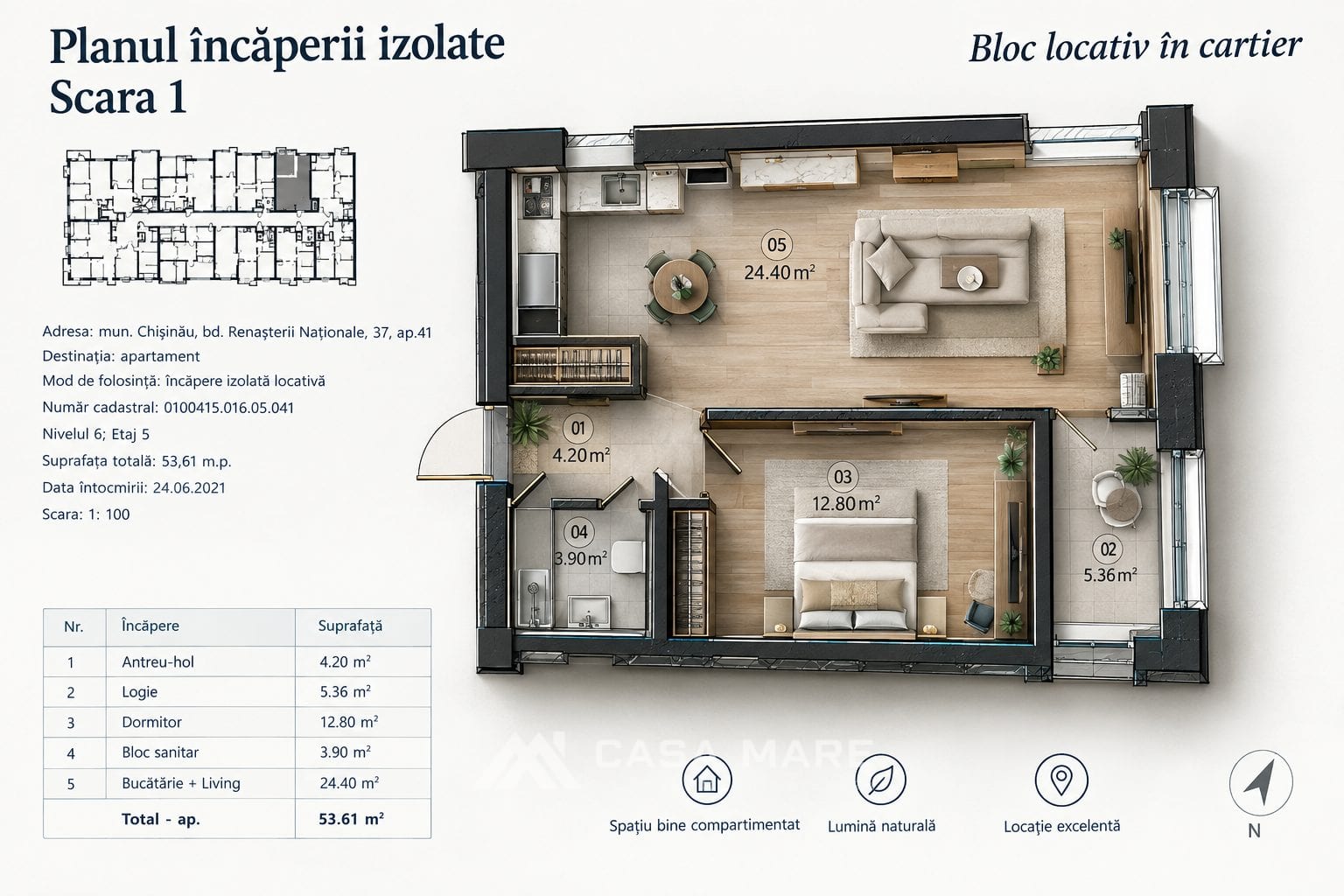 1-комнатная квартира, 54 м², Рышкановка, Кишинёв 1