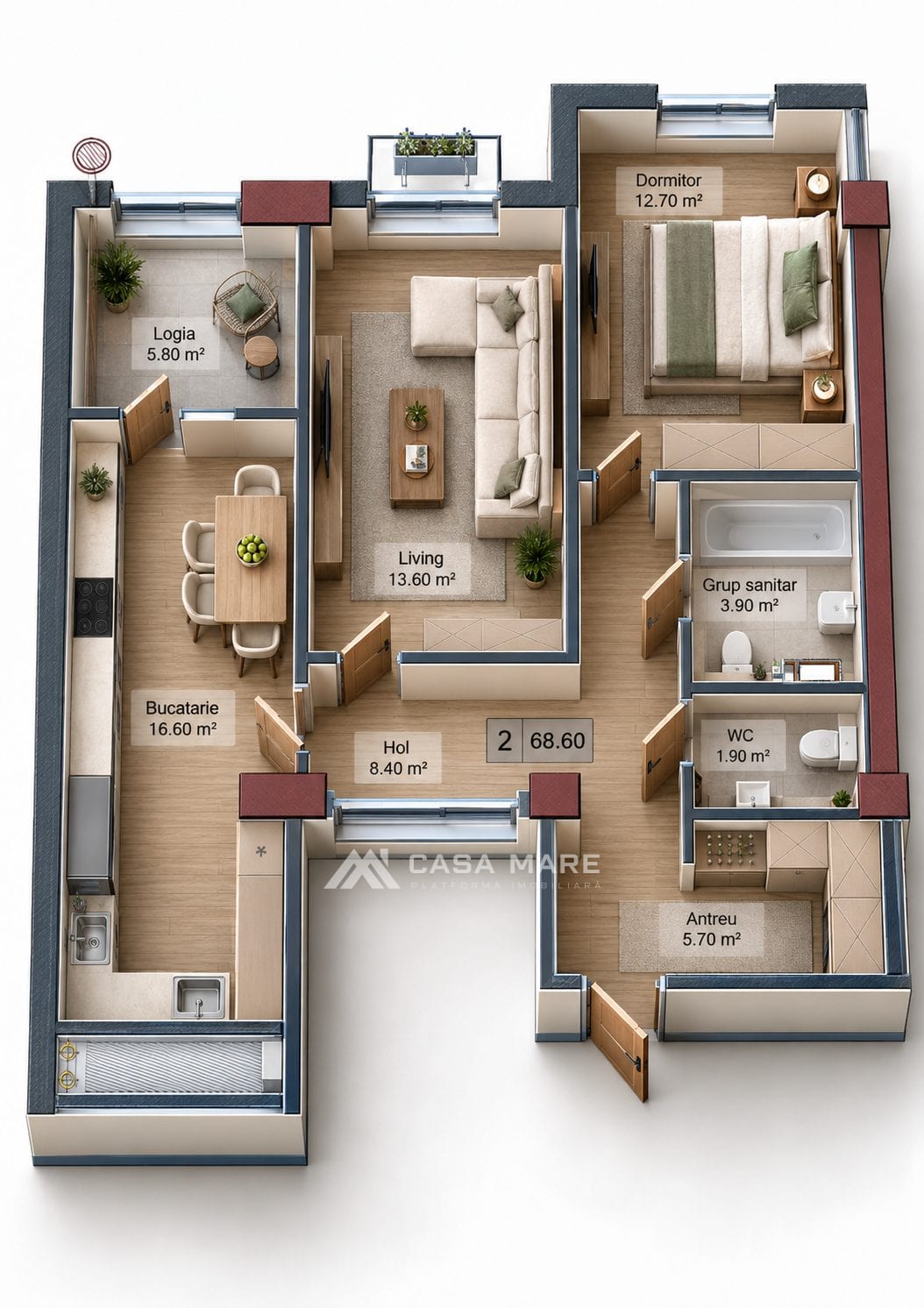 Apartament în bloc nou, cu 1 dormitor, 68,60 m² Ciocana 3