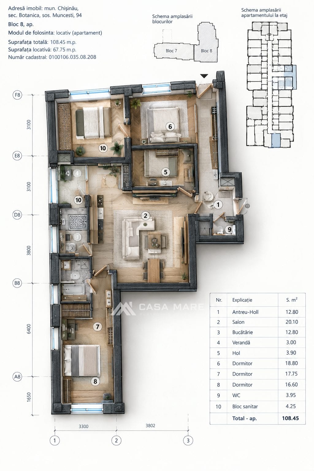 3-комнатная квартира, 109 м², Ботаника, Кишинёв 2
