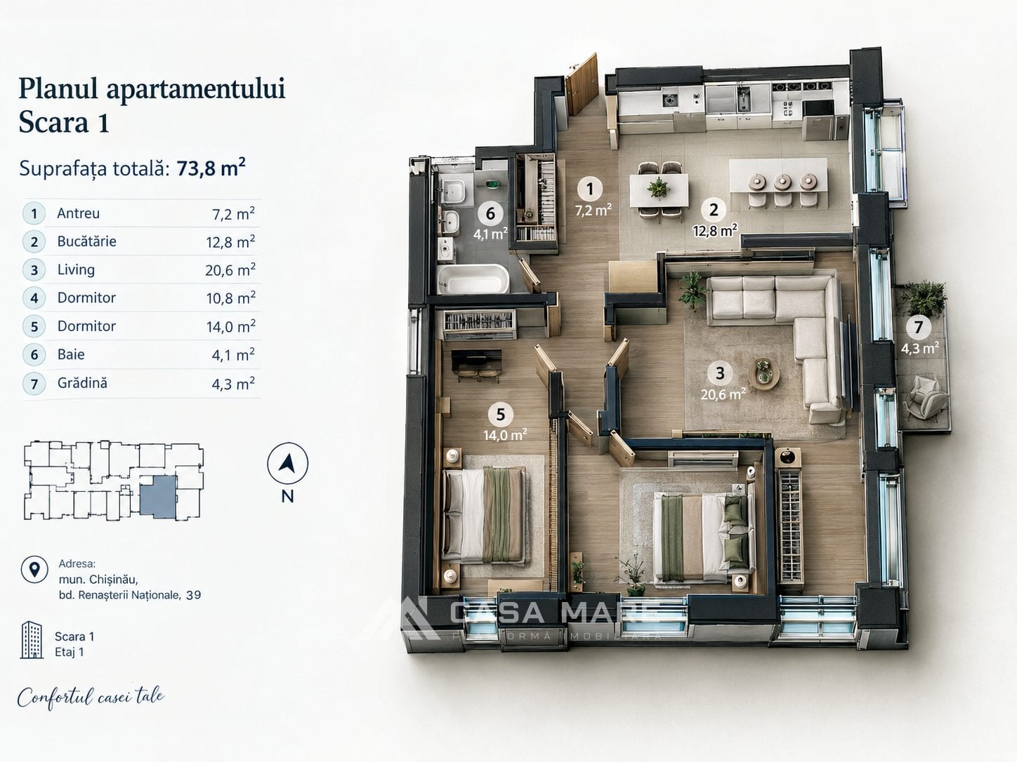 Apartament cu 2 camere, 72 m², Râșcani, Chișinău 2