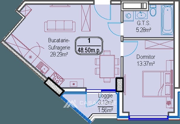 1-комнатная квартира, 49 м², Дурлешты 2