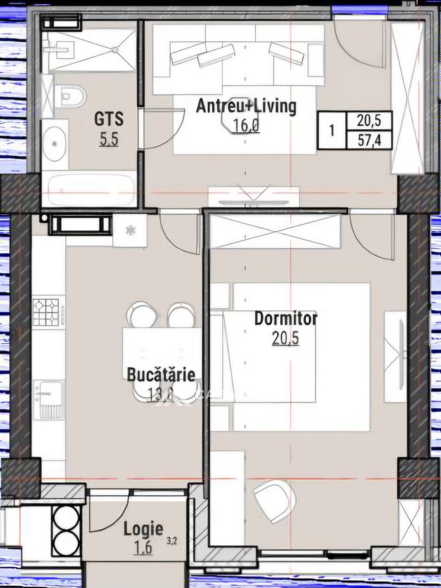 1-комнатная квартира, 57 м², Дурлешты 2