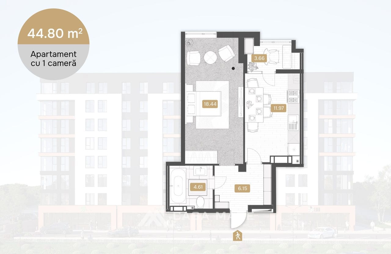 1-комнатная квартира, 45 м², Крикова 2