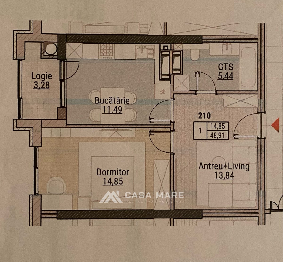 1-комнатная квартира, 49 м², Дурлешты 2