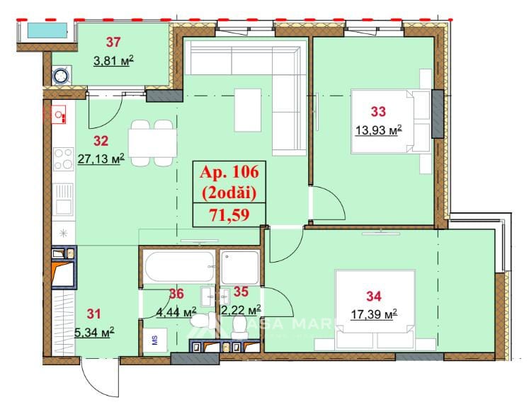 2-комнатная квартира, 72 м², Дурлешты 2