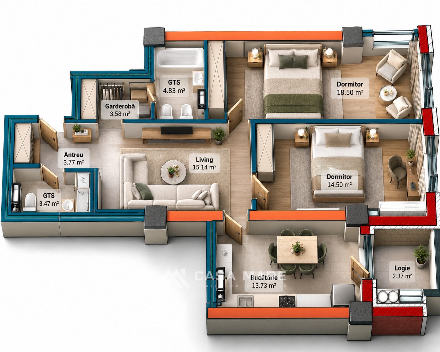 3-комнатная квартира, 80 м², Дурлешты 2