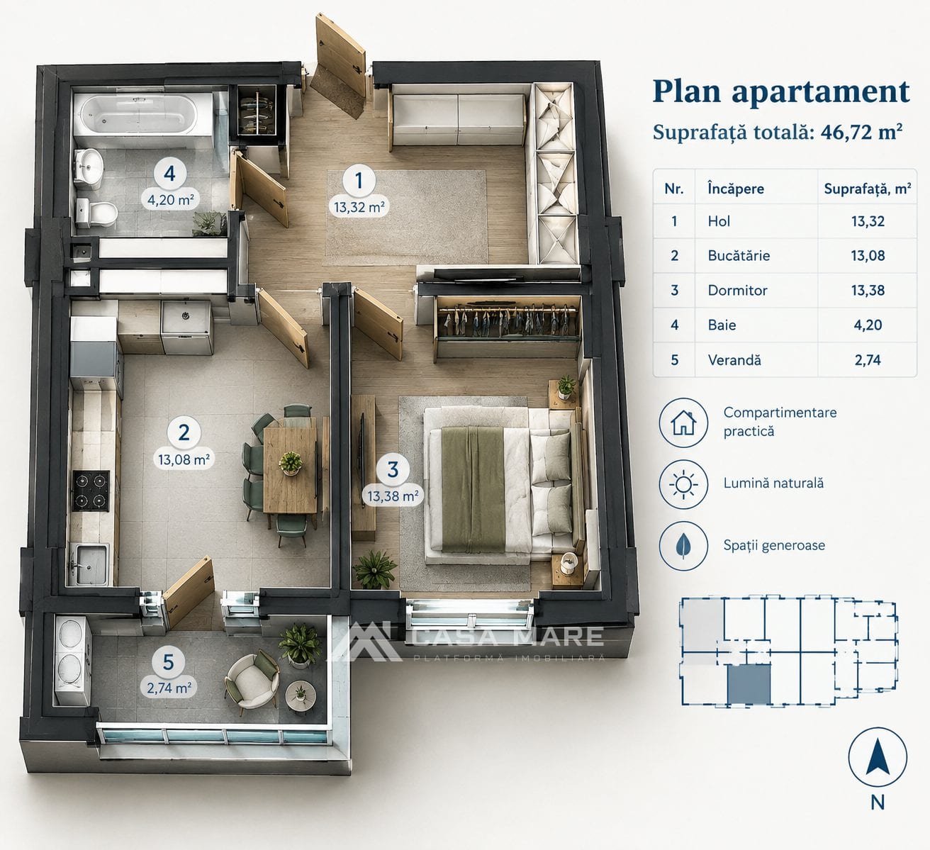 1-комнатная квартира, 47 м², Старая Почта, Кишинёв 2