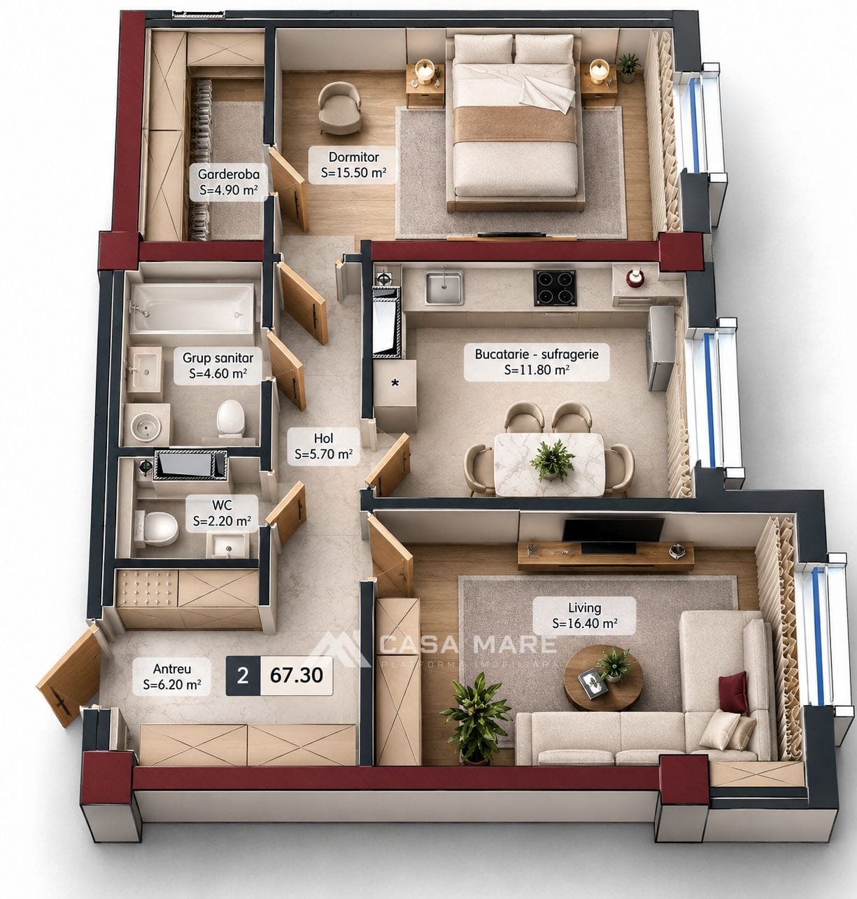 Apartament în bloc nou, cu 1 dormitor, 67,30 m² 2