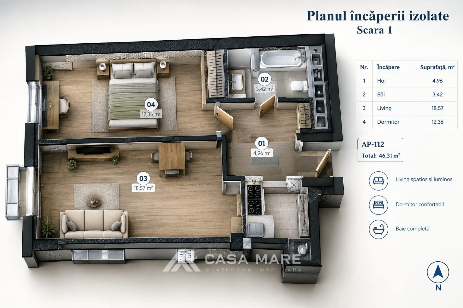 1-комнатная квартира, 47 м², Рышкановка, Кишинёв 3