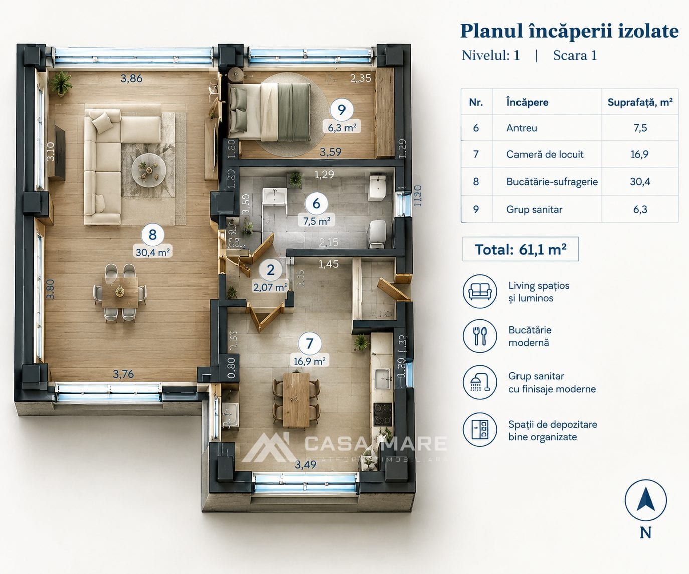 2-комнатная квартира, 61 м², Ботаника, Кишинёв 2