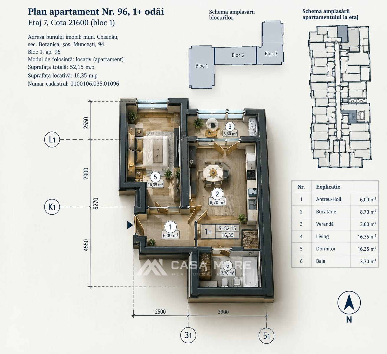 1-комнатная квартира, 52 м², Ботаника, Кишинёв 2