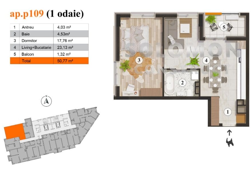 Apartament cu 1 cameră, 51 m², Chișinău