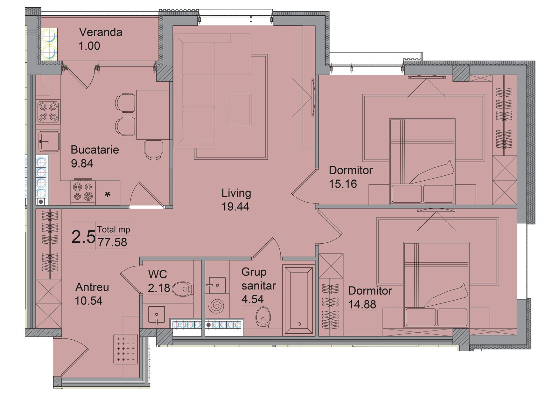 Apartamente 77.58 m²