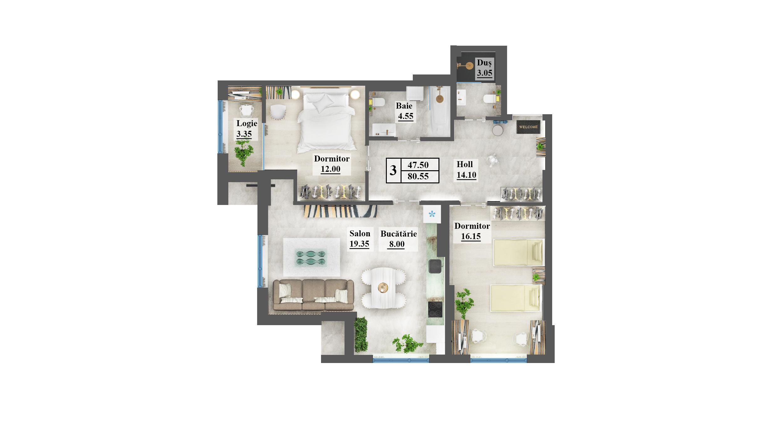 Planimetrie · Apartament · 80.55 m²