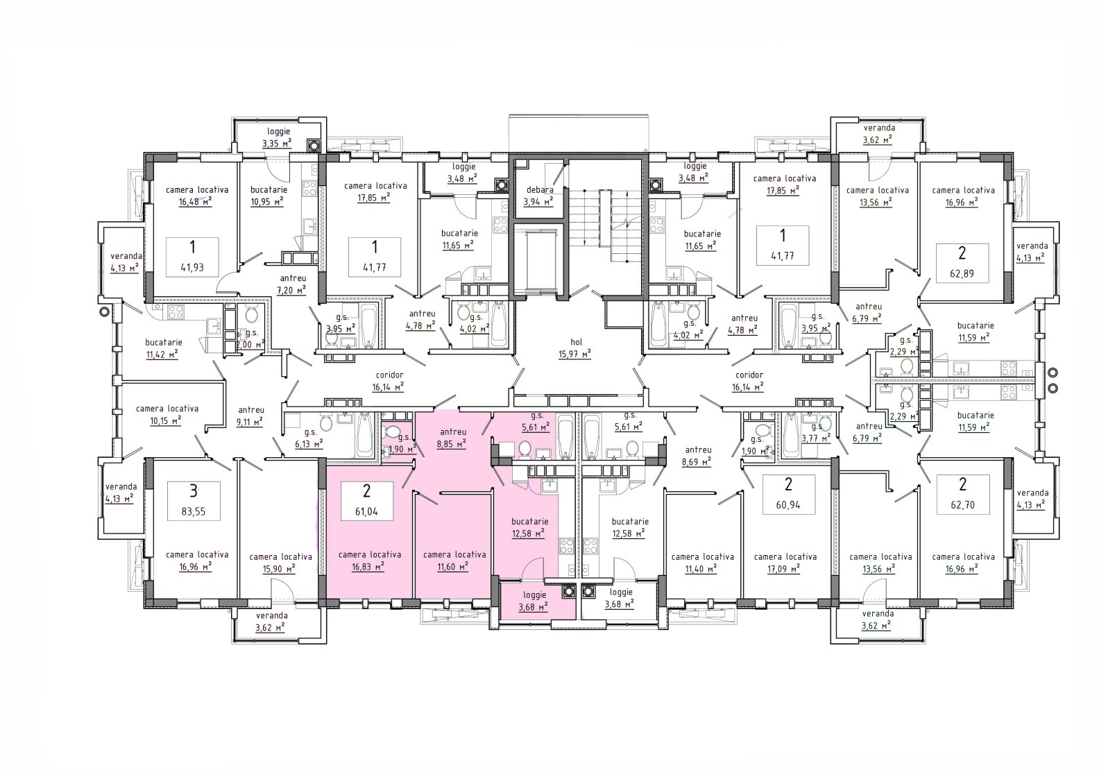 Amplasare pe etaj · 2 camere · 61.04 m²