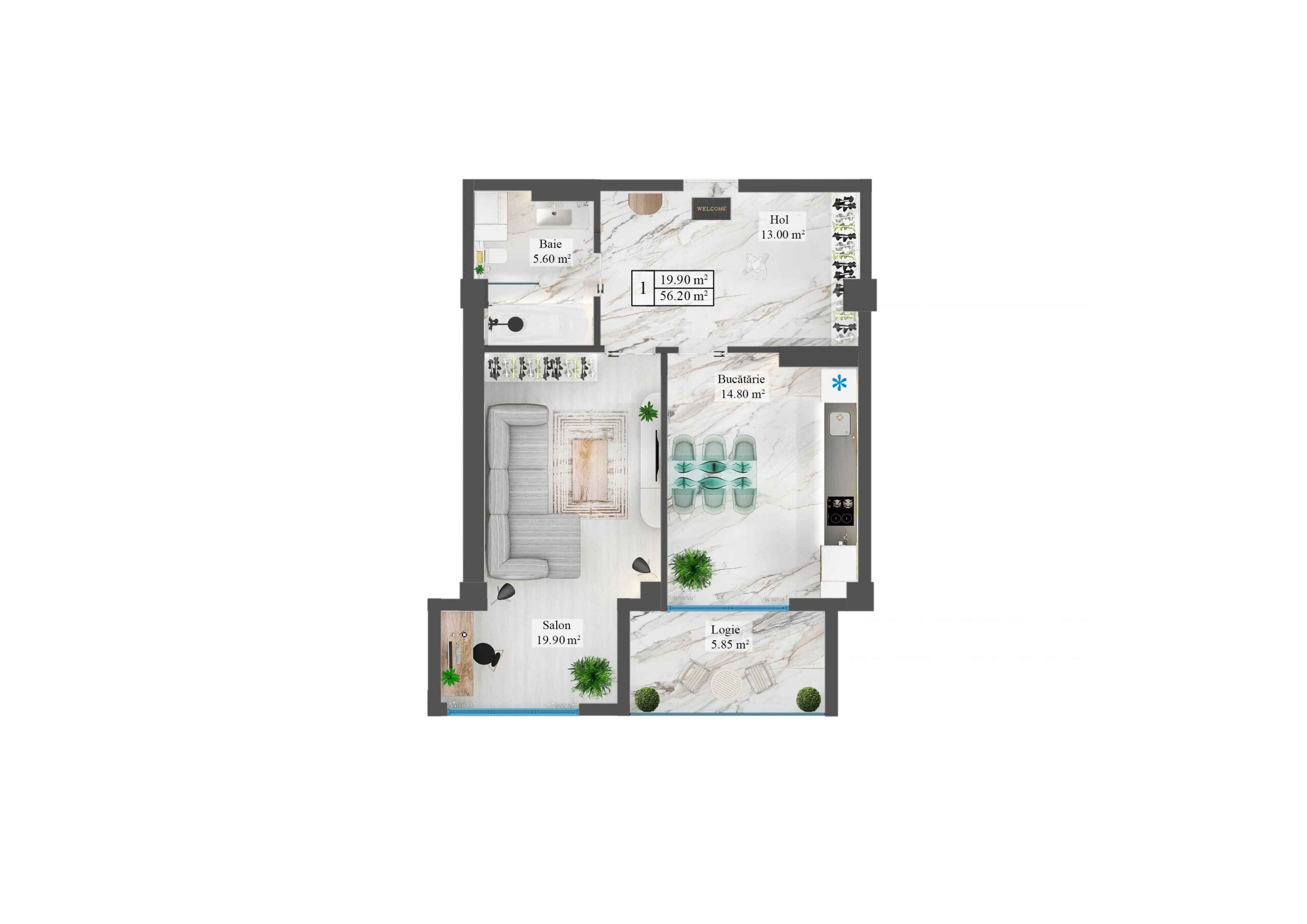 Apartamente 56.2 m²