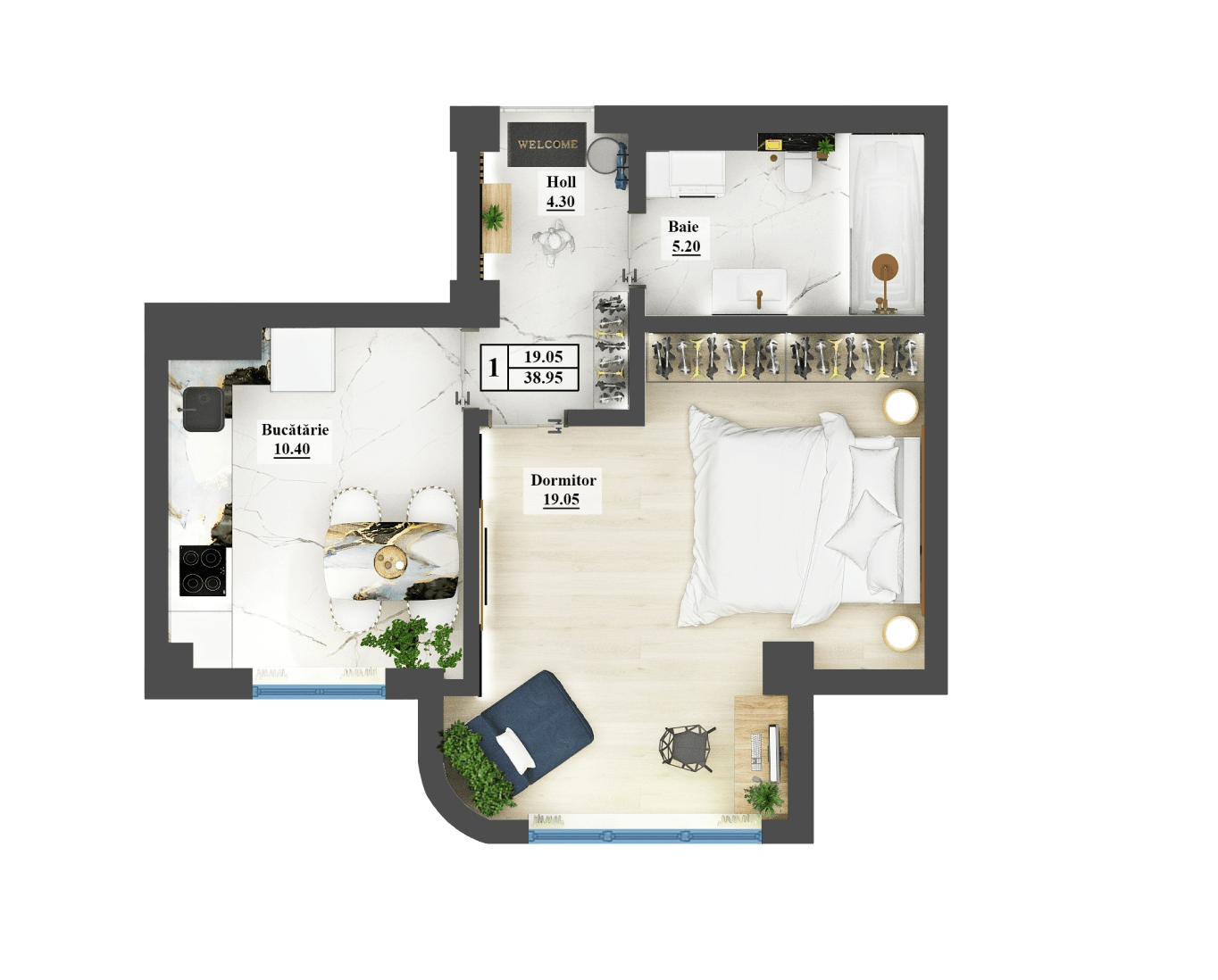 Planimetrie · Apartamente · 38.95 m²