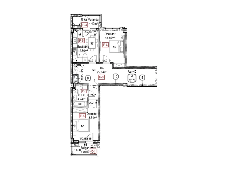 Planimetrie · 2 camere · 72.76 m²