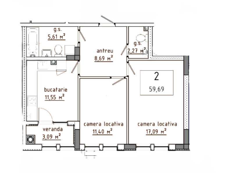 2 camere 59.69 m²