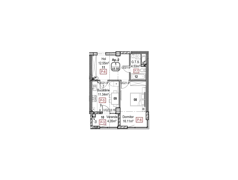 Planimetrie · 1 cameră · 48.88 m²