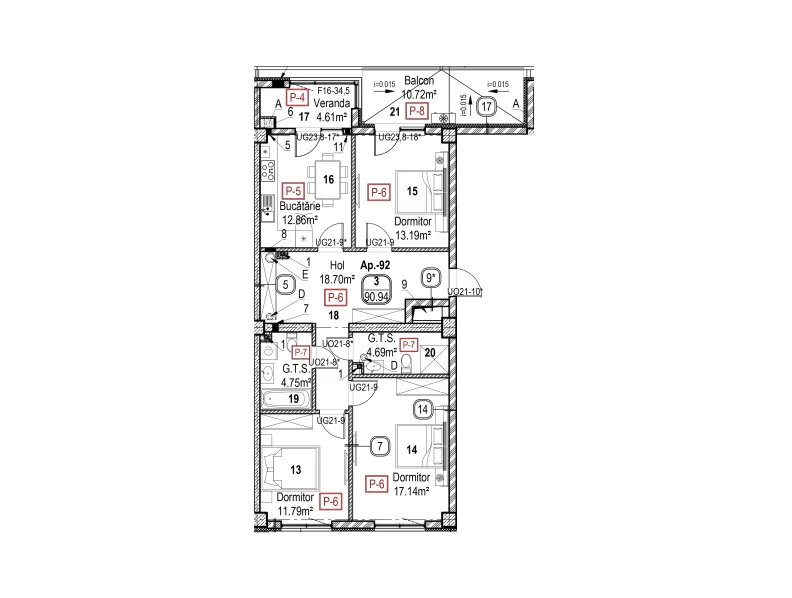 Planimetrie · 3 camere · 90.94 m²