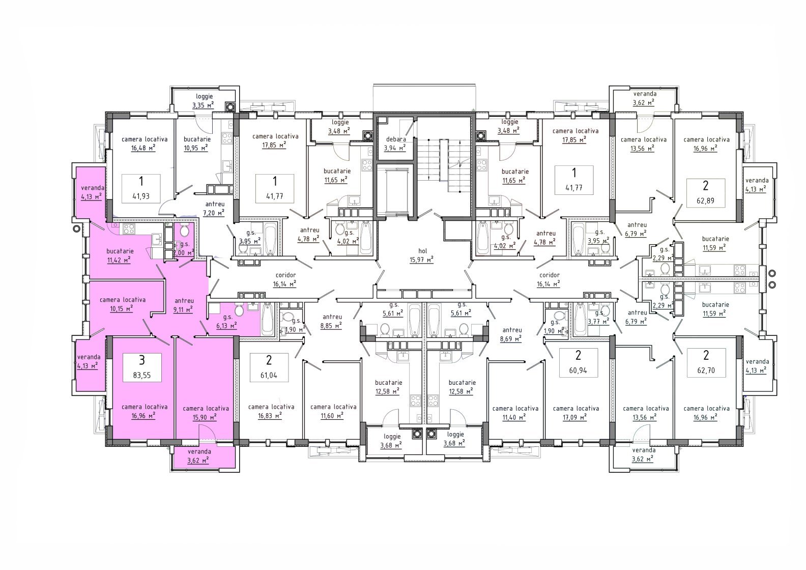 Amplasare pe etaj · 3 camere · 83.55 m²