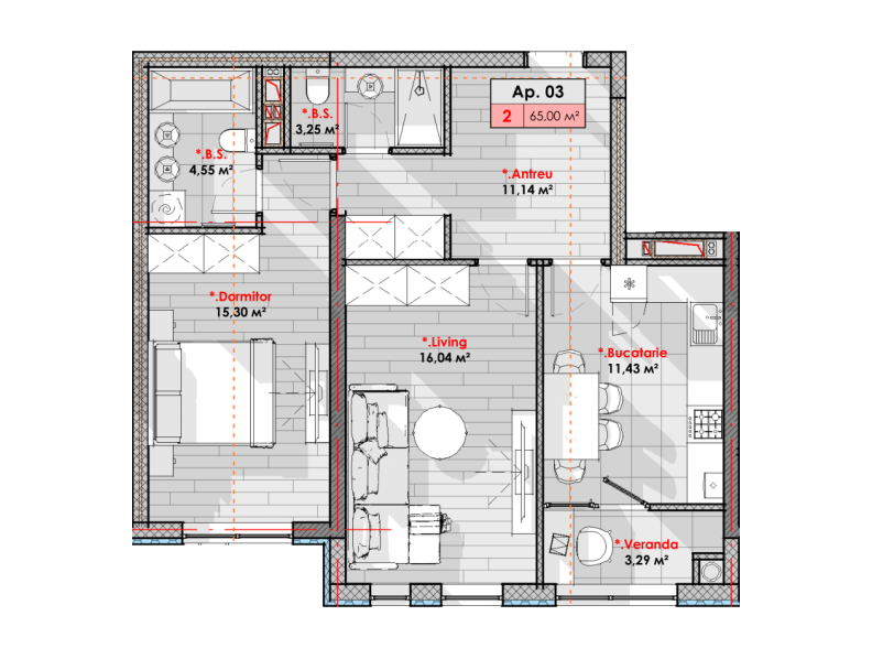 2 camere 65 m²