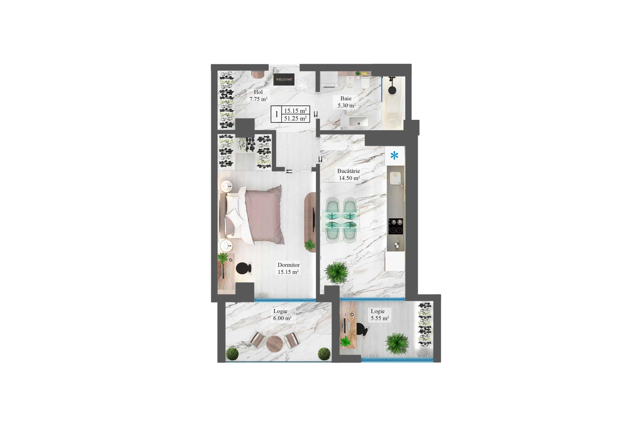 Apartamente 51.25 m²