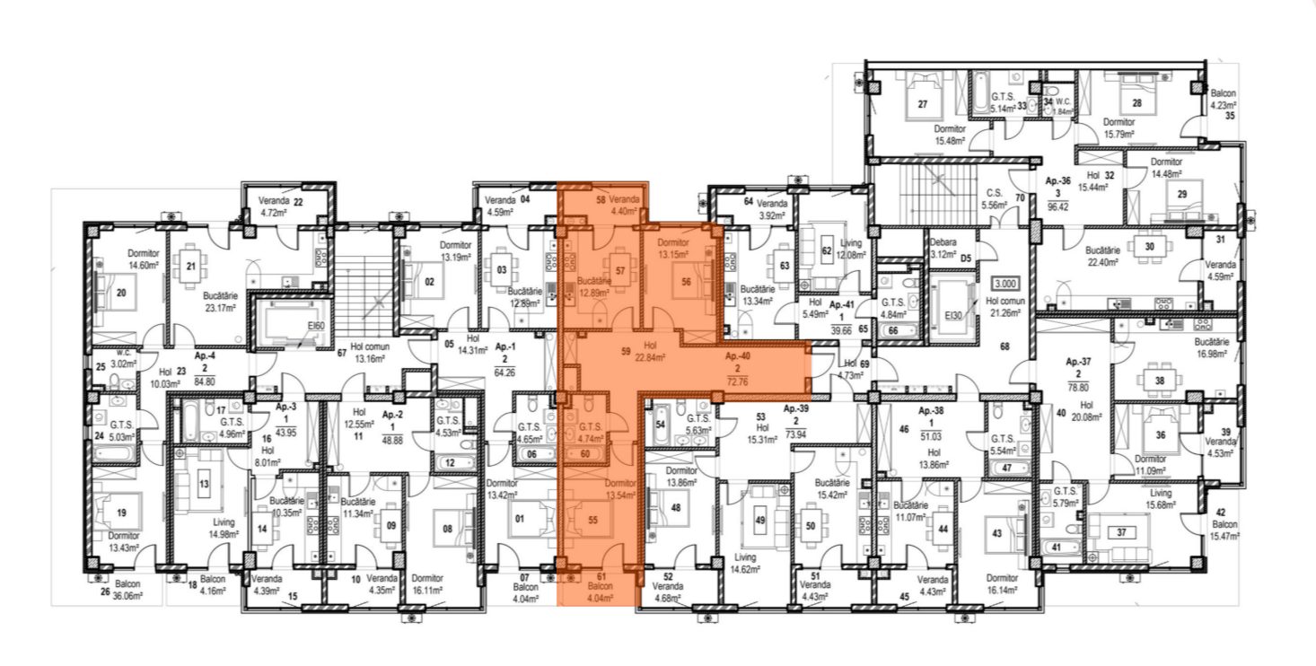 Amplasare pe etaj · 2 camere · 72.76 m²