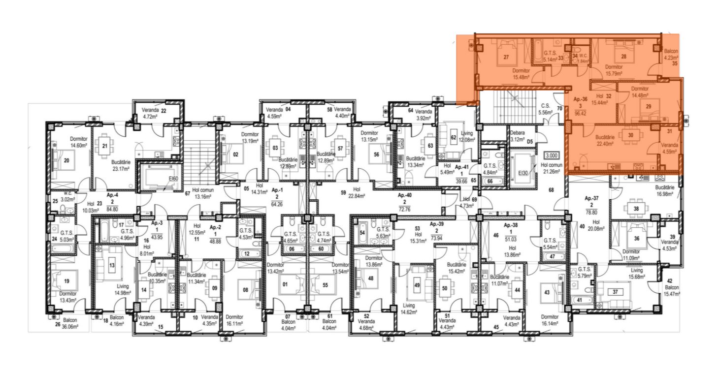 Amplasare pe etaj · 3 camere · 96.42 m²